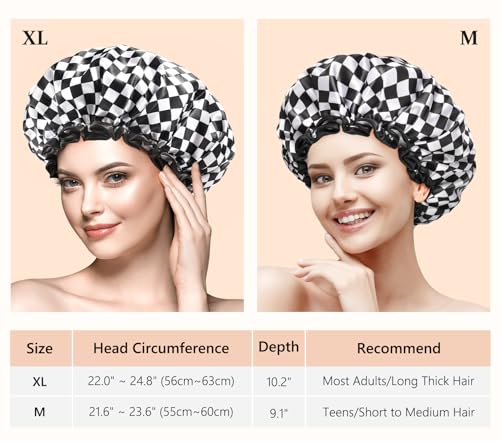 mikimini Shower Cap for Women and Girls, Elegant Chessboard Design,Double-layer Waterproof, Reusable, Washable, No Odor, Medium - size: Medium (Pack of 1)