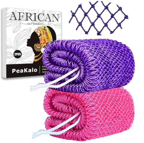 2Pcs African Net Sponge Authentic, Gentle Cleansing African Exfoliating Net Sponge Shower Loofah Sponge for All Skin Types, Back Scrubber for Shower Body Scrubber (Purple & Rose Pink) - color: Purple & Rose Pink