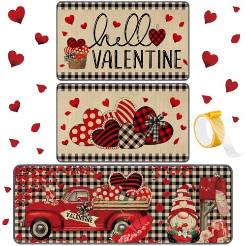 Drydiet 3 Pcs Valentines Heart Kitchen Mat and Rug Non Slip Doormat Washable Waterproof Floor Mats Farmhouse Holiday Kitchen Decor for Home Floor Office Bathroom Party Rustic Decor - color: Red, style: Valentines