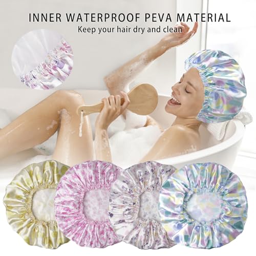 Shower Caps for Women, 4 PCS Elastic and Reusable Bath Caps, Double Layers Shower Cap Reusable Waterproof, Bathing Shower Caps, Environmental Bath Hair Protection Cap - Bow - color: Bow