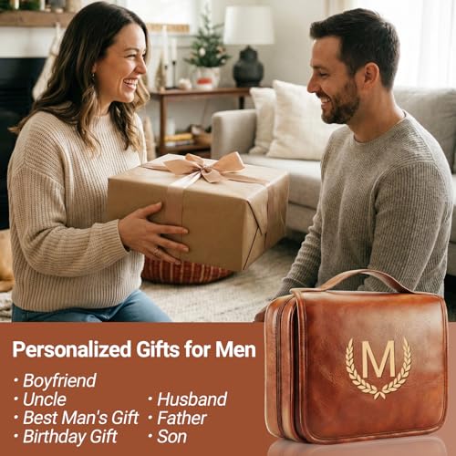 OXYEFEI Personalized Hanging Travel Toiletry Bag Gift for Men,Engraved Initial PU Leather Mens Large Toiletry Travel Essential Organizer Dopp Kit Shaving Bag for Him Birthday (E, Light Brown) - style: E