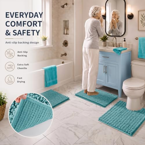 Yimobra Bathroom Rug Set 3 Piece - Super Absorbent Quick Dry Chenille Bath Mats & Toilet Rug, Non Slip Machine Washable, Extra Thick Shaggy Floor Mat for Shower Tub Sink, Teal Blue - color: Teal Blue, size: 24"x17" + 24"x20" + 30"x20"