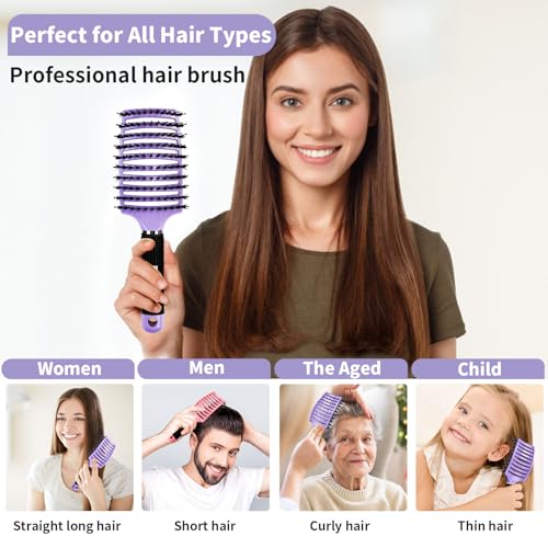 Boar Bristle Hair Brush Set of 2, HIPPIH Wet & Dry Hair Brushes Made by Fine Natural Boar Hair Can Adds Shine and Smoothing, Detangling Hairbrush for Women, Men & Kids' Long Curly Thick Hair - color: Purple & Pink