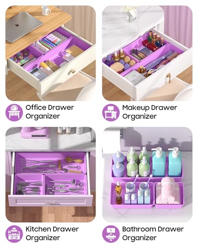 10 Pack Large Size Plastic Drawer Organizers Set, 3 Sizes Desk Drawer Organizer Trays, Storage Bins for Vanity, Makeup, Bathroom, Kitchen Utensils and Office (Purple) - color: Purple