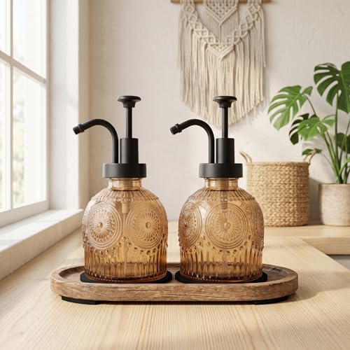 Vintage Glass Soap Dispenser 2 Pack for Bathroom Kitchen, with Black Pump and Non-Slip Mat, Refillable for Hand Soap, Dish Soap, Lotion, Shower Gel, Modern Farmhouse Decor (8 oz, Brown) - color: Brown