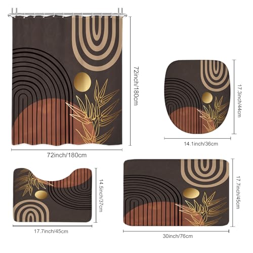 KOMLLEX 4Pcs Abstract Boho Shower Curtain Sets, Bath Mat and Toilet Lid Cover, Modern Brown Grey Leaves Mid Century Simple Minimalist Men Bathroom Decor Set with Rugs and Accessories, 12 Pack Hooks - color: A1-black Brown(4pcs), size: 72"W x 72"L (Pack of