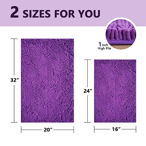 Bathroom Rugs Sets 2 Piece, Extra Soft Chenille Bath Mat Ultra Absorbent Bathroom Rug, Bathroom Mat with Sturdy PVC Non-Slip Bottom, Machine Washable Bath Rugs (20x32 Inch + 16x24 Inch, Purple) - color: Purple, size: 16" x 24" + 20" x 32" (Rectangular)