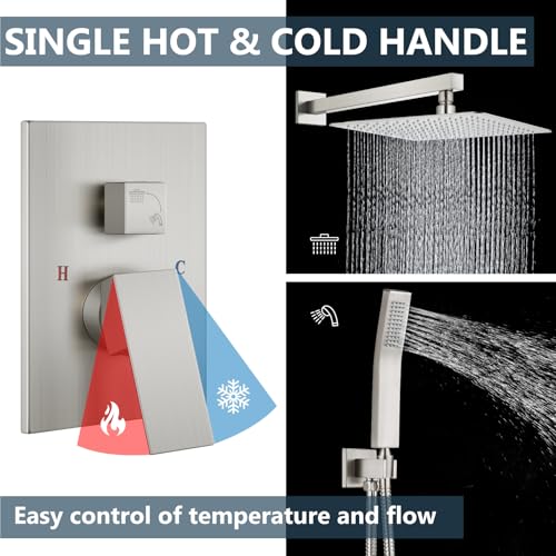 Aolemi Shower Faucet Set Rain Shower System with Handheld Spray Bathroom Shower Combo Rough-in Valve and Shower Trim Kit Included Brushed Nickel 16 Inch Wall Mount Shower Head - color: Brushed Nickel, size: 16 Inch Wall Mount Shower Head