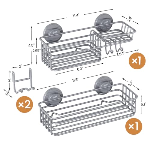 LEVERLOC Suction Cup Shower Caddy, Rustproof Shower Shelves for Inside with Hooks and Soap Holder, 2 Pack No Drill Meatl Bathroom Shower Organizer Grey - color: 2 X Grey
