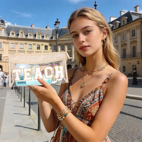 Boho Patch Cosmetic Bag with Zipper, Chenille Varsity Letter Makeup Bag, Clear Travel Pouch, Multi-purpose Small Toiletry Bag for Women Girls (Teach) - style: Teach