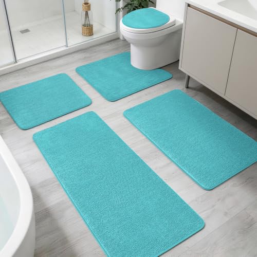 YIHOUSE Memory Foam Bathroom Rugs Sets 5 Piece - Extra Thick Soft Towel-Like Absorbent Bath Mat Set, Non Slip Machine Washable Bath Rugs Carpet for Bath, Tub and Shower, Aqua - color: Aqua, size: 1'8" x 3'10" (5 pieces)