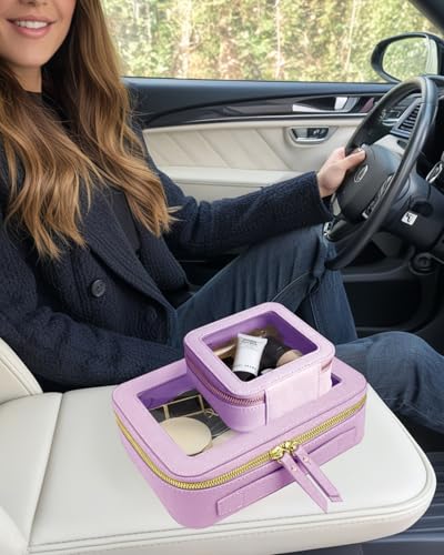 Travel Clear Makeup Bag Set, TSA Approved Cosmetic Bag Case with Zipper Portable Makeup Pouch Toiletry Bag Traveling Cosmetic Organizer Storage Bag Car Organizer Car Essentials - color: Mini+Large Purple