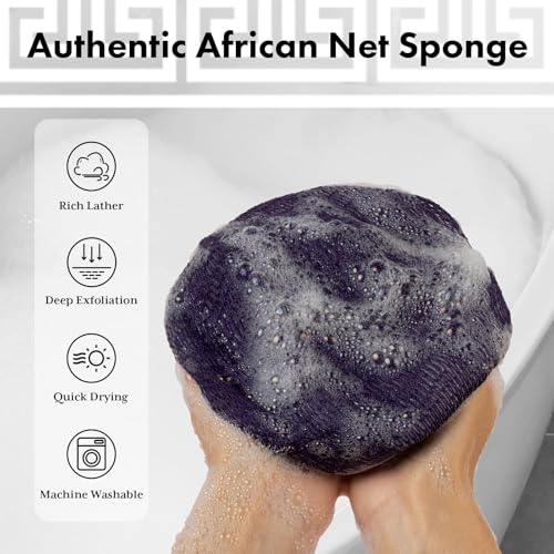 Bathway African Net Sponge Authentic with Handles (Set of 2), African Exfoliating Net Sponge, Exfoliating Body Scrubber Bath Sponge - Bathing Accessories with Storage Bag (Purple & Rose) - color: Purple & Rose