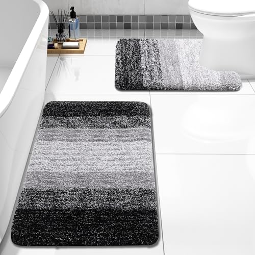 Arotive Bathroom Rugs Sets 2 Piece, Soft Absorbent Microfiber Bath Mats and U-Shaped Contour Toilet Rug, Machine Washable Dry Bath Mats for Bathroom, 30x20 and 24x20, Black - color: Black, size: 30" X 20" + U Shape 24" X 20"