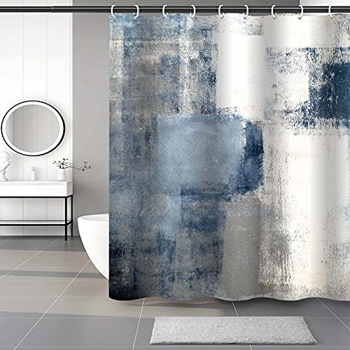 Lnond 4Pcs Grey Bathroom Shower Curtain Sets with Rugs, Blue and Grey Abstract Painting Gray Retro Bathroom Sets with Shower Curtain and Rugs and Accessories - color: Blue-01