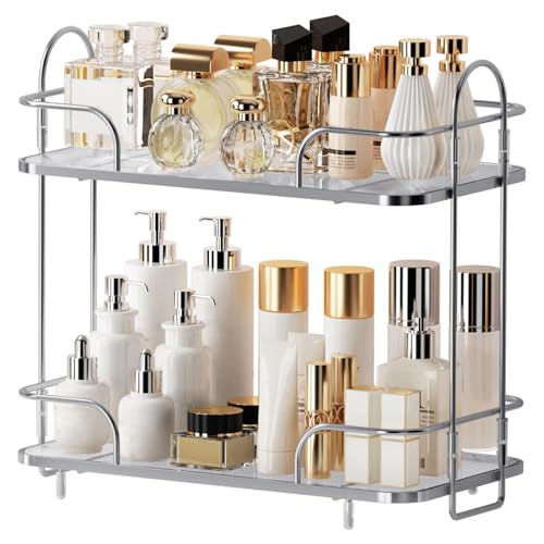 2 Tier Corner Bathroom Counter Organizer, Cosmetic Skincare ，Bathroom Countertop Perfume Tray Vanity, Kitchen Spice Corner Storage Shelf - color: Silver