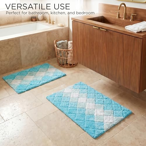 THE BEER VALLEY Set of 2 Albany Bath Rug 21x32/17x24 Inch - Turpuoise | Non Slip Cotton Absorbent Bathmat for Bathroom, Washable Soft Toilet Bathrug - color: Aqua-turq Combo