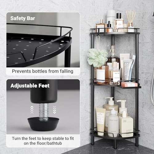 ELYKEN Corner Shower Caddy Standing, 3 Tier Rustproof Metal Shower Organizer with Soap Holder, Floor Shower Corner Shelf Rack Storage Stands with Adjustable Feet & 2 Hooks for Bathroom, Black - color: Black, size: 3 Tier