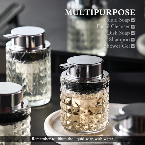 CICUFY Foaming Soap Dispenser 2 Pack, Foam Hand Soap Dispenser for Bathroom Kitchen Liquid Refillable Clear Glass Bottles with Silver Pump(Diamond Pattern-Clear) - color: Clear-2 Pcs, style: Foam/Diamond Leaf Pattern/Silver Top