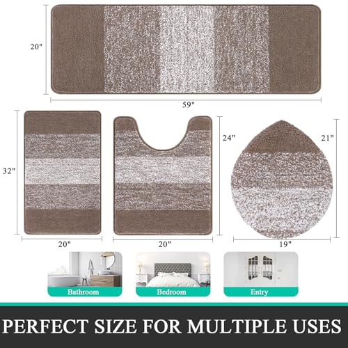 Bsmathom Bathroom Rugs Sets 4 Piece with Toilet Lid Cover, Non-Slip Bathroom Rugs and Mats Sets, Absorbent Bath Rugs Microfiber Shaggy Machine Washable Bath Rug Set, Coffee - color: Coffee, size: 20"x31"+20"x59"+U20"x24"+Cover19"x21"