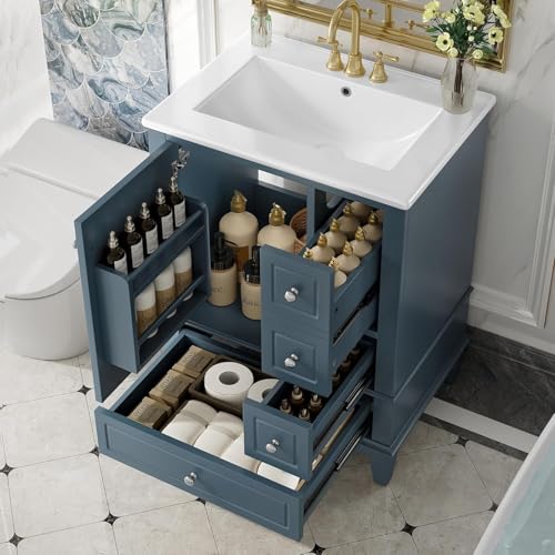 Linique 24" Bathroom Vanity with Sink Combo Set, Solid Wood Frame Bathroom Storage Cabinet with 3 Drawers, Soft Closing Door with Organizer, Blue Gray - color: Blue Gray, size: 24"/ Door with Organizer