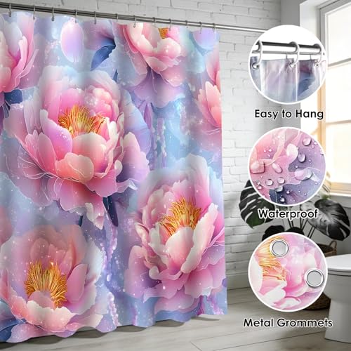 DDQQ 4Pcs Floral Shower Curtain Set Pink Flower Bathroom Sets with Shower Curtain and Rugs, Glitter Flowers Shower Curtain Set, Bathroom Decor Set, Bathroom Rugs Set Toilet Lid Cover Hooks - color: Pink Blue
