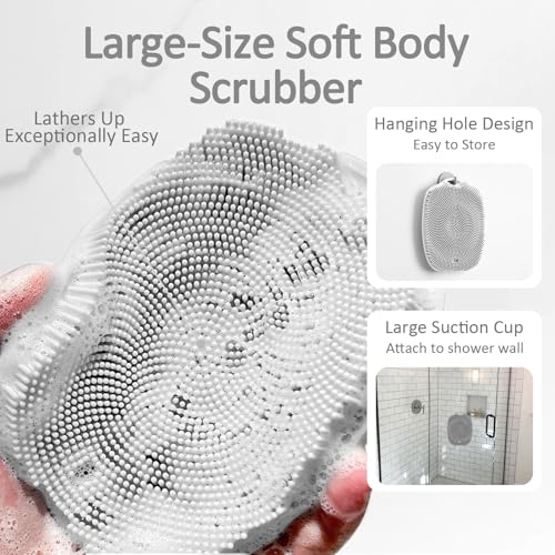 Soft Silicone Body Scrubber, Gentle Like a Hand Exfoliating Your Skin and Build Up Lather Easily, Back Large Suction Cup Easy to Store, Long-Lasting & Deep Clean (Gray) - color: Gray