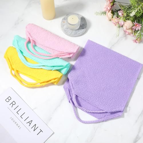 4PCS Exfoliating Back Scrubber with Handles, Nylon Double-Sided Exfoliator Extended Length Stretchable Body Exfoliating Washcloth Pull Strap Back Washer for Women Men(B)