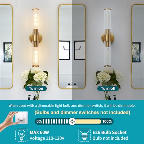 Hardwired Bathroom Light Fixtures, Gold Wall Sconce in Threaded Glass Indoor Wall Sconces, Modern Bathroom Vanity Light Up and Down Sconces Wall Lighting for Living Room, Bulb Not Included - color: Gold-B