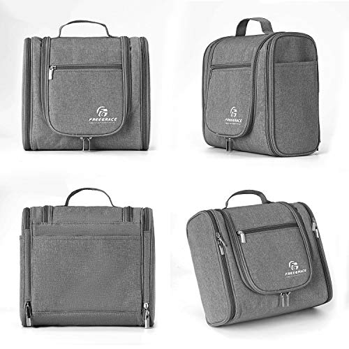 Freegrace Extra Large Hanging Toiletry Bag for Men and Women - Water-Resistant Nylon Travel Bathroom Organizer for Cosmetics, Makeup, and Toiletries - color: Light Grey