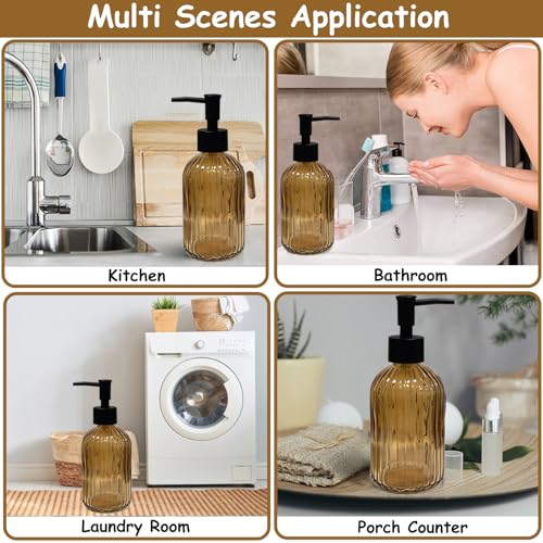 Black Pump Glass Soap Dispenser, 13.5oz Brown Stripe Countertop Refillable Liquid Bottle Hand Dish Lotion Dispenser with Plastic Pump, for Kitchen, Bathroom Countertop - color: Brown
