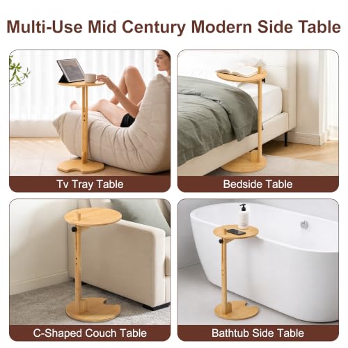 Bamboo C-Shaped Side End Table for Sofa | Slides Under Couch; Round Solid Bamboo Top; Works as Laptop Desk & TV Tray; Space-Saving for Small Living Rooms and Bedrooms - color: Natural