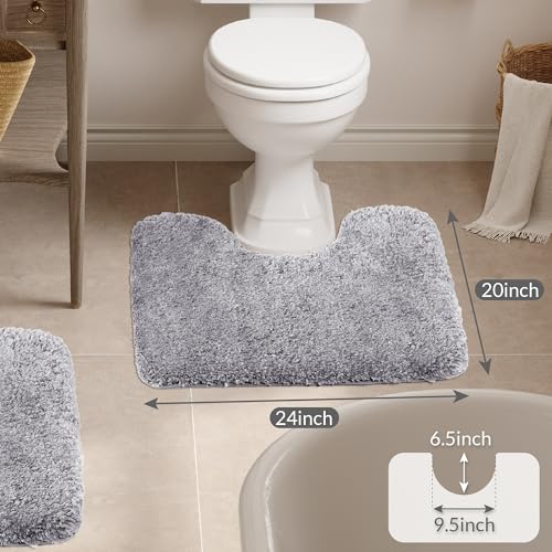 Walensee Bathroom Contour Rug (20x24, Grey) Non Slip Bath Mat for Water Absorbent Soft Microfiber Shaggy Machine Washable U Shape For Toilet