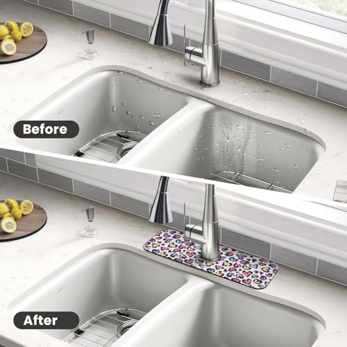 Heart Leopard Colorful 15" X 5.5" Kitchen Sink Splash Guard Faucet Faucet Guard Draining Mat Sink Splash Guard Faucet Kitchen Bathroom - color: Heart Leopard Colorful