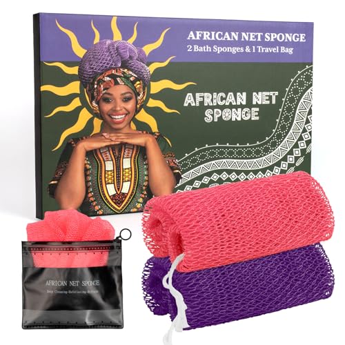 Bathway African Net Sponge Authentic with Handles (Set of 2), African Exfoliating Net Sponge, Exfoliating Body Scrubber Bath Sponge - Bathing Accessories with Storage Bag (Purple & Rose) - color: Purple & Rose