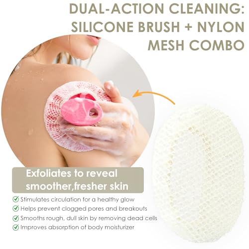 INNERNEED Food-Grade Soft Silicone Body Scrubber Shower Brush Handheld Cleansing Skin Brush, with Exfoliating Net Sponge Case (Pack of 4) - color: (Set5) 4mix