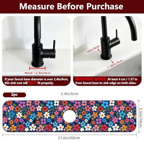 2 Pcs Floral Print Kitchen Sink Splash Guard Faucet Mat Plants Floral patterns Faucet Mat for Sinks Absorbing Drying Mats for Kitchen Bathroom, 23.6x5.5inch - color: Floral Print Pattern