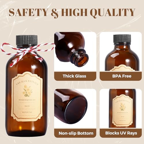 Jarsoph 4oz 8 PCS Amber Brown Glass Bottles for Vanilla Extract | Brown Boston Round Glass Bottles, Essential Oils, Herbal Medicine, DIY Crafting - UV Protective Bottles for Syrup, Sauce