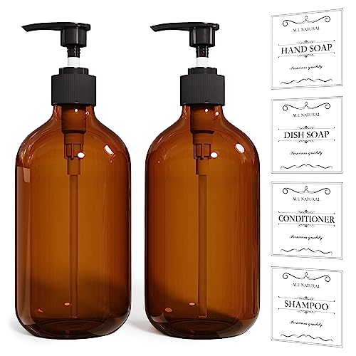 2PCS Amber Dish Soap Dispenser for Kitchen (16 Oz), Brown Hand Soap Dispenser for Bathroom, Plastic Soap and Liquid Dispenser Set with Rust Proof Pump, Refillable Soap Pump Bottles, Waterproof Labels - color: Amber