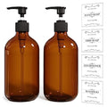 2PCS Amber Dish Soap Dispenser for Kitchen (16 Oz), Brown Hand Soap Dispenser for Bathroom, Plastic Soap and Liquid Dispenser Set with Rust Proof Pump, Refillable Soap Pump Bottles, Waterproof Labels - color: Amber
