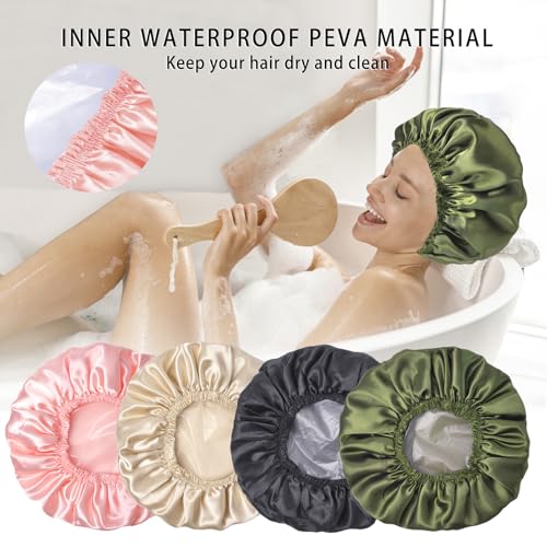 Shower Caps for Women, 4 PCS Elastic and Reusable Bath Caps, Double Layers Shower Cap Reusable Waterproof, Bathing Shower Caps, Environmental Bath Hair Protection Cap - Solid Color B - color: Solid Color B 4 PCS/Set