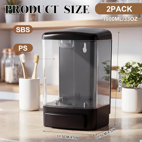 Hushee 2 Pcs Plastic Wall Mounted Soap Dispenser Commercial Manual Soap Containers Wall Dispenser for Kitchen Shower Hotel Liquid Shampoo Gel Chamber (33.8 oz 1000 ml,Black and Clear) - color: Black and Clear, size: 33.8 oz 1000 ml