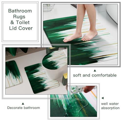 32PCS Bathroom Sets with Shower Curtain and Rugs-Dark Green Bathroom Accessories,Non Slip Bathroom Rugs Set with Toilet Lid Cover, Waterproof Shower Curtain, 3PC Soap Dispenser with Trash Can - size: Bath Set + Oil Painting Shower Curtain + Bath Rugs, sty