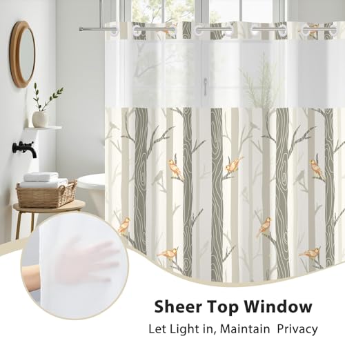 No Hook Shower Curtain with Snap in Liner, Yellow Bird Tree Fabric Shower Curtain Set for Bathroom, Hotel-Quality, See Through Top Window Design, 59" W x 79" L - color: 05 Bird - Yellow, size: 59"W x 79"L (Pack of 1)