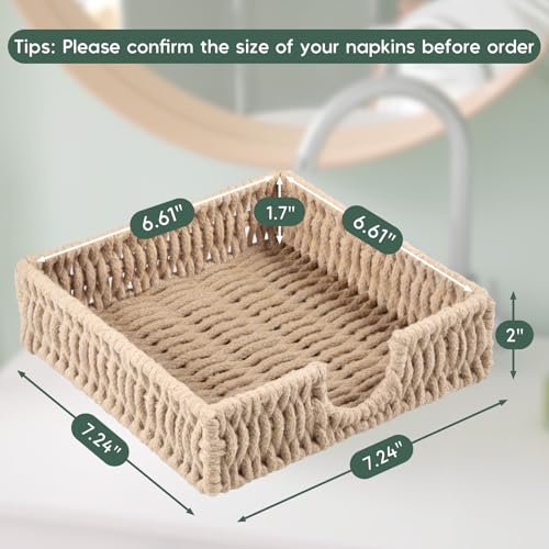 Napkin Holder for Table, Woven Cotton Rope Napkin Holders For Paper Napkins, Wicker Napkin Holders for Kitchen Dinner Table Boho Decor and Accessories, Square Napkin Basket and Serving Tray - color: Light Khaki, size: 7.2"L x 7.2"W x 2.2"H