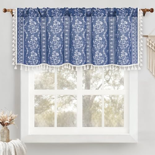 Yinhua Boho Valance Curtains Vintage Linen Blue Kitchen Valances for Windows Light Filtering Bohemian Floral Valance Rod Pocket Farmhouse Tassel Window Valances for Bathroom Cafe, 52" W X 18" L - color: Blue, size: 52"W x 18"L (Pack of 1)