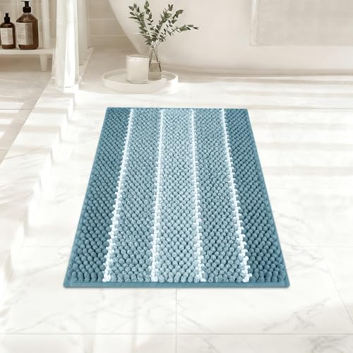 ArtyCozy Bathroom Rug, Extra Thick Absorbent Chenille Striped Pattern Shaggy Bath Mat Non Slip, Soft Plush Bath Floor Mats, Machine Washable, Blue, 17"x47" - color: Blue, size: 17" × 47"