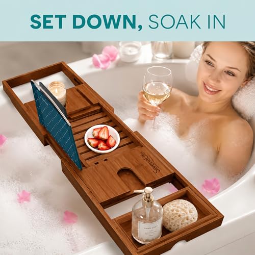 SereneLife Premium Bathtub Tray Caddy with Gift Box and Bow Set, Expandable Bath Tray, Unique House Warming Gifts for Mom, Women, Wedding, Anniversary, Bridal Shower, Fit for All Tub - Brown, Gift Set - color: Brown, Gift Set