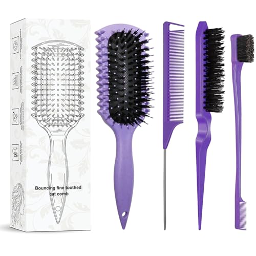 Curl Defining Brush with 3 Pcs Slick Back Hair Set Bristle Edge Control Teasing Comb, For Combing and Shaping in All Hairstyles to Reduce Pulling (Purple) - color: Purple