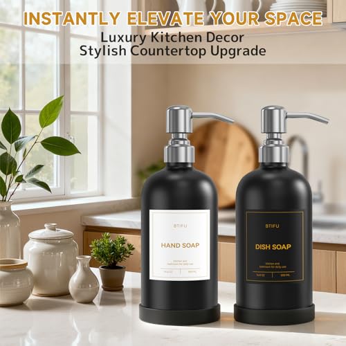 Kitchen Soap Dispenser Set – 16.8oz/500ml Glass Hand and Dish Soap Dispenser with Stainless Steel Pumps & Non-Slip Silicone Base, Luxury Countertop Decor for Home, Airbnb, Restaurant (Black & Silver) - color: Black & Silver